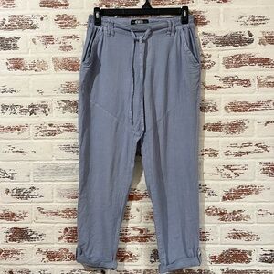 Rewash Linen Blend Coastal Blue Drawstring Pants Roll Tab Cuff Lightweight S